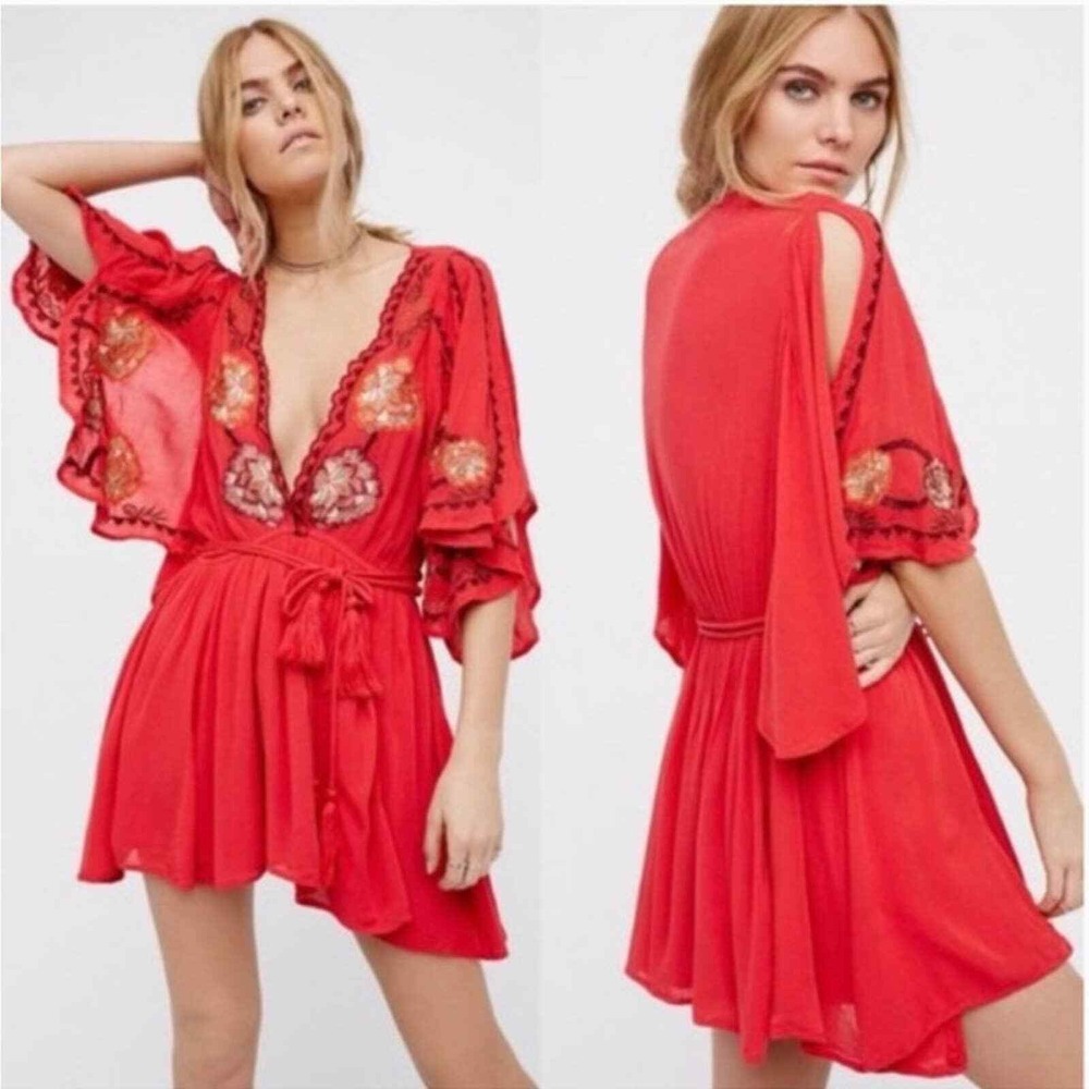 Free People Cora Coral Red Embroidered Dress